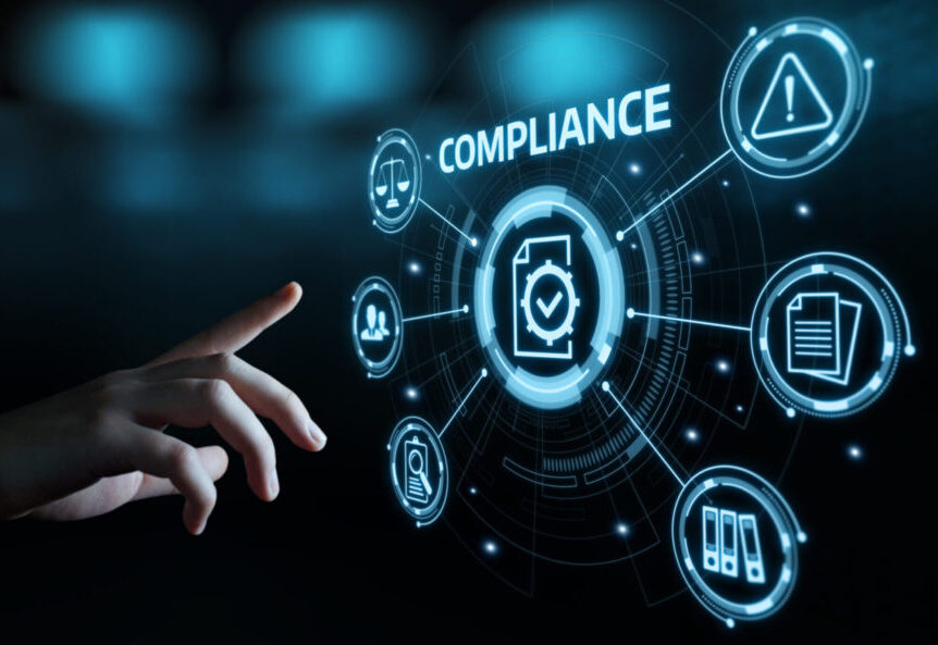 Futuristic concept with the words compliance and icons to represent the ISO 9001 and ISO 14001 certifications