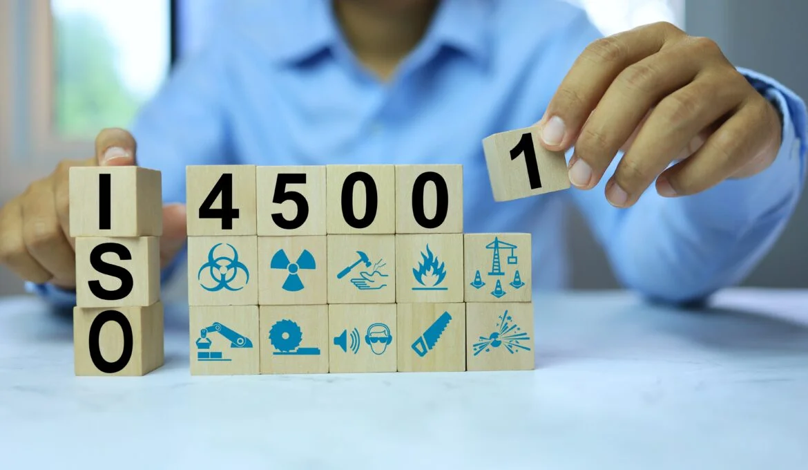 Building blocks with the words ISO 45001 health and safety certification